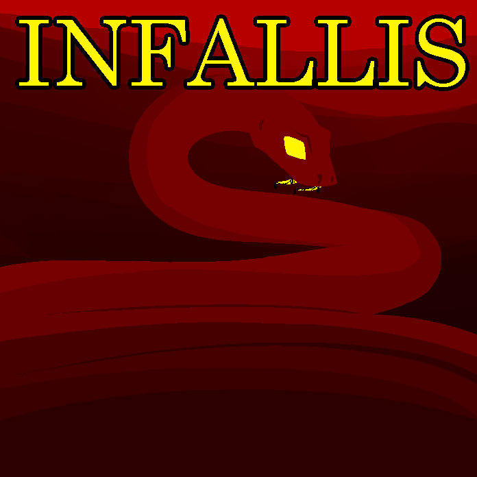 a square icon with a red snake slithering away from the viewer on a darker red background. Infallis is written in yellow at the top.